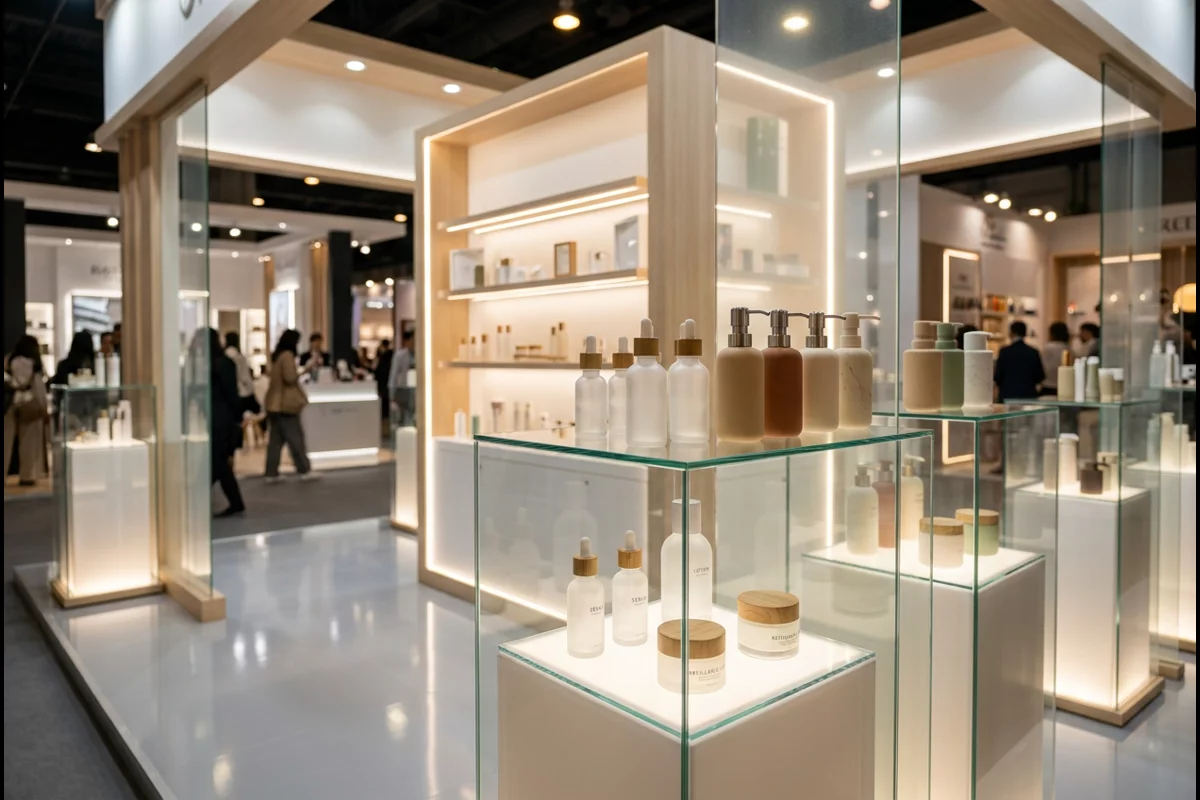 Upscale cosmetics packaging exhibition booth displaying sustainable dispensers