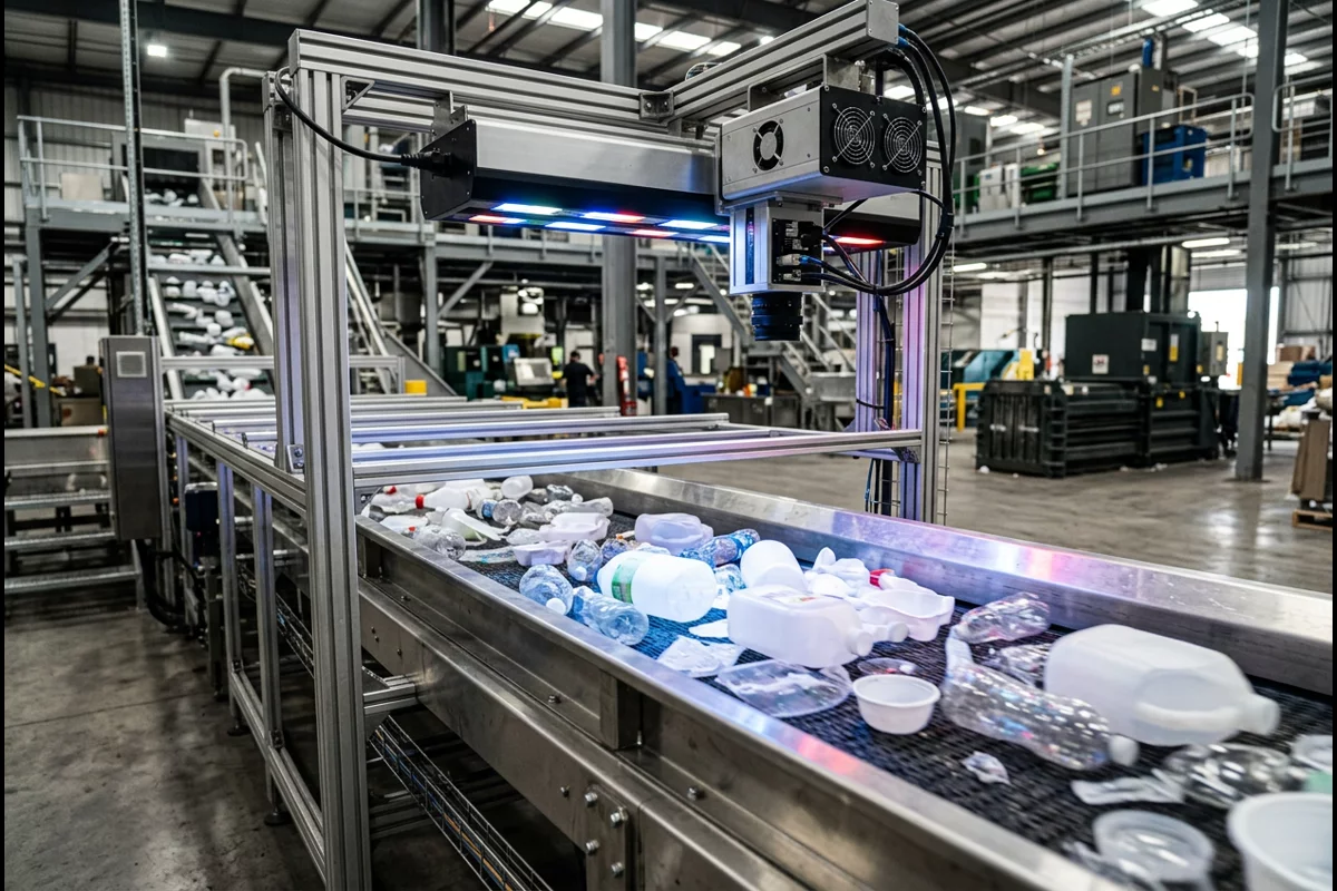 High-tech optical sorting conveyor line in a plastics recycling facility