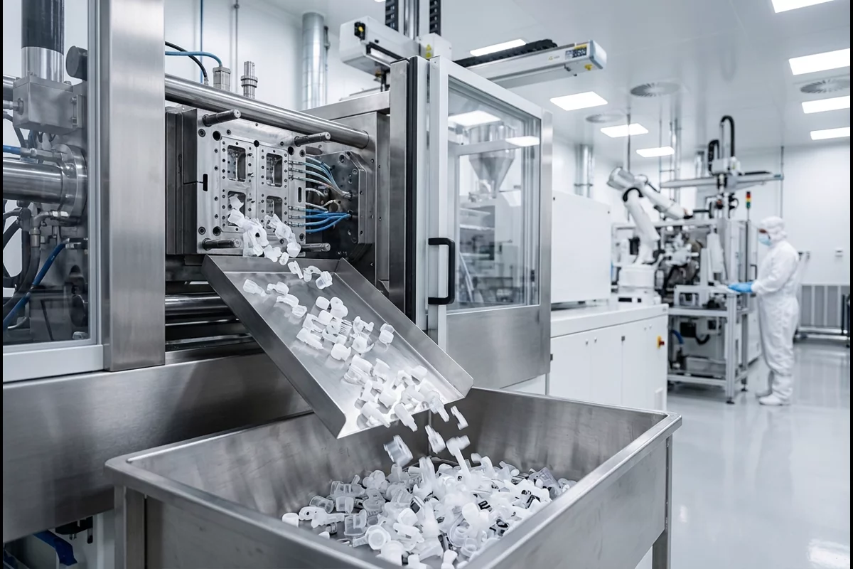 Injection molding machine ejecting precision pump components