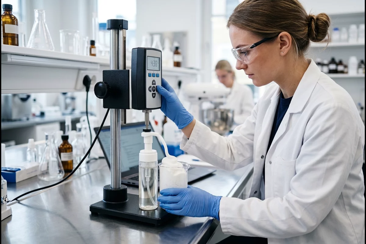 Cosmetics formulation lab technician testing pump actuation