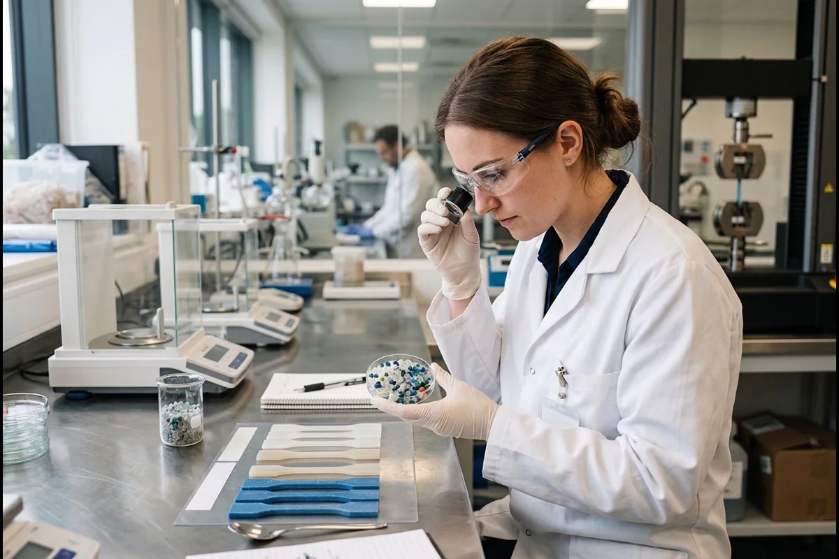 Packaging sustainability engineer inspecting recycled resin specimens