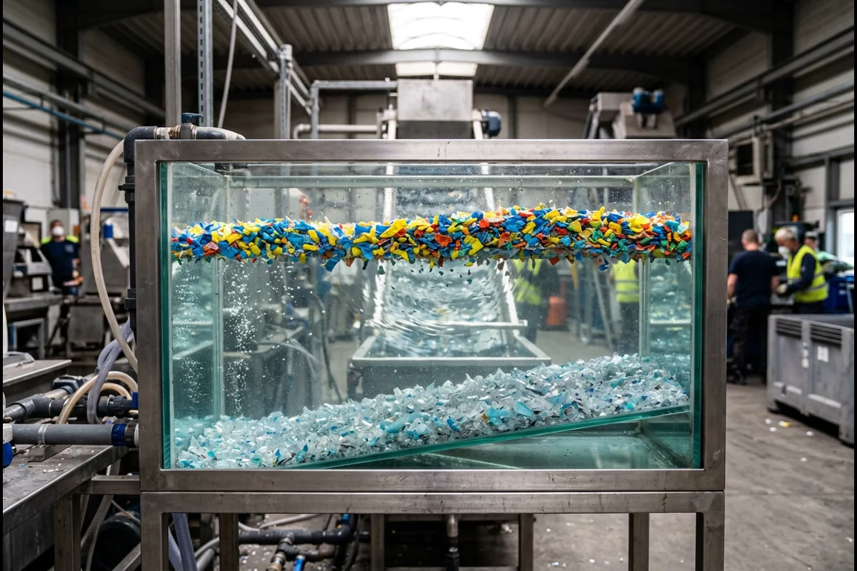 Float-sink separation test tank in a plastic recycling facility