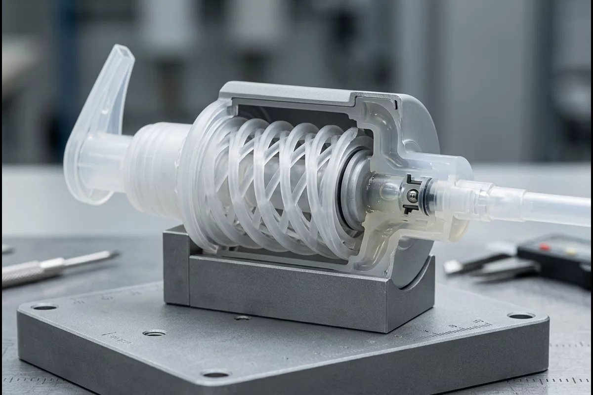 Molded plastic spring mechanism inside recyclable dispenser pump
