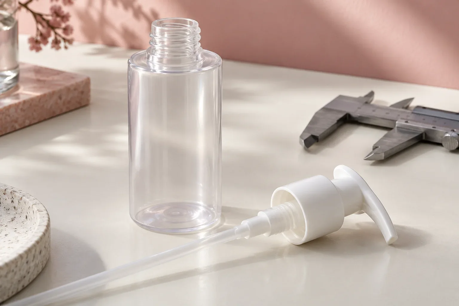 Bottle, separate pump and caliper on a studio desk