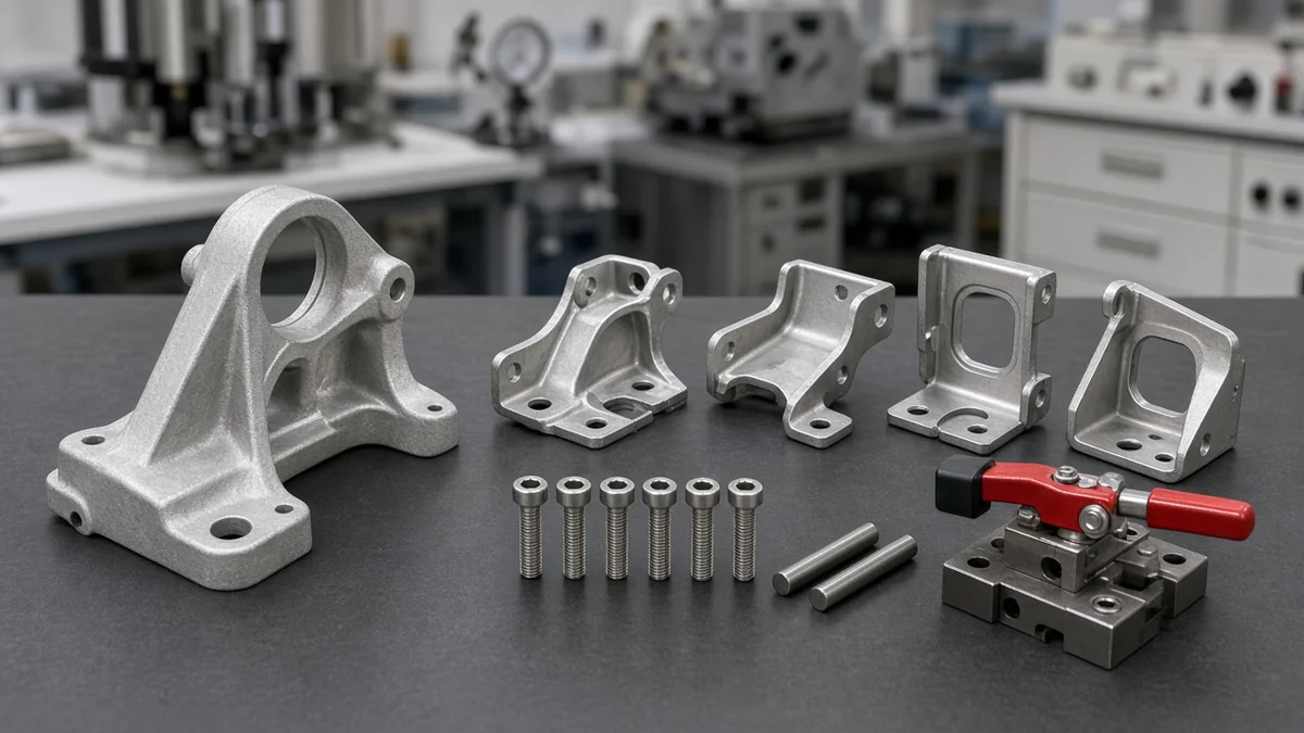 Single consolidated die-cast bracket compared against four stamped parts, six fasteners, two alignment pins, and a welding fixture.