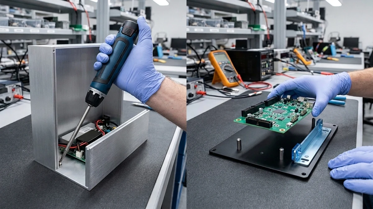 Comparison between restricted tool access inside a box-shaped base part and unrestricted top-down assembly on a flat base part.