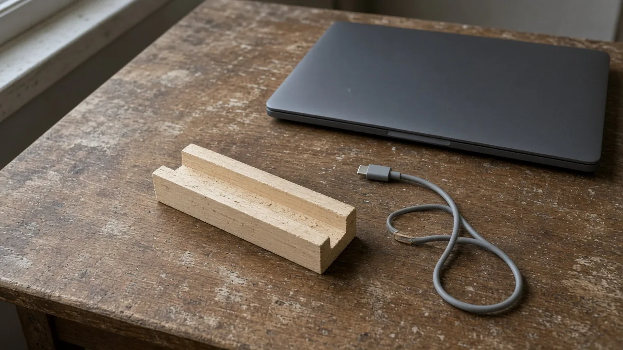 A short unfinished wooden channel, a coiled grey cable, and a closed laptop on a worn desk.