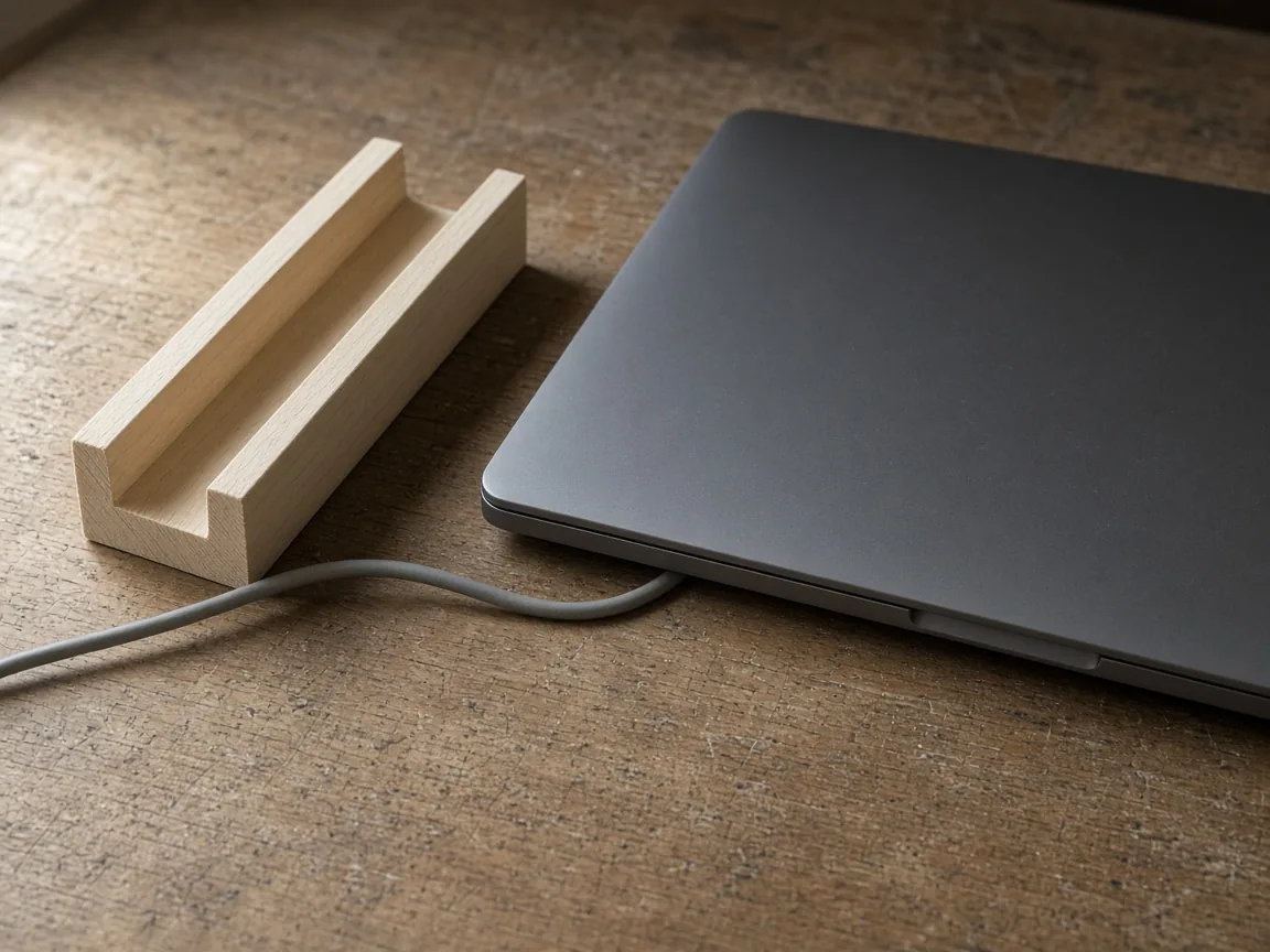 An unfinished wooden channel with an empty groove, a closed laptop, and a grey cable lying outside the groove.
