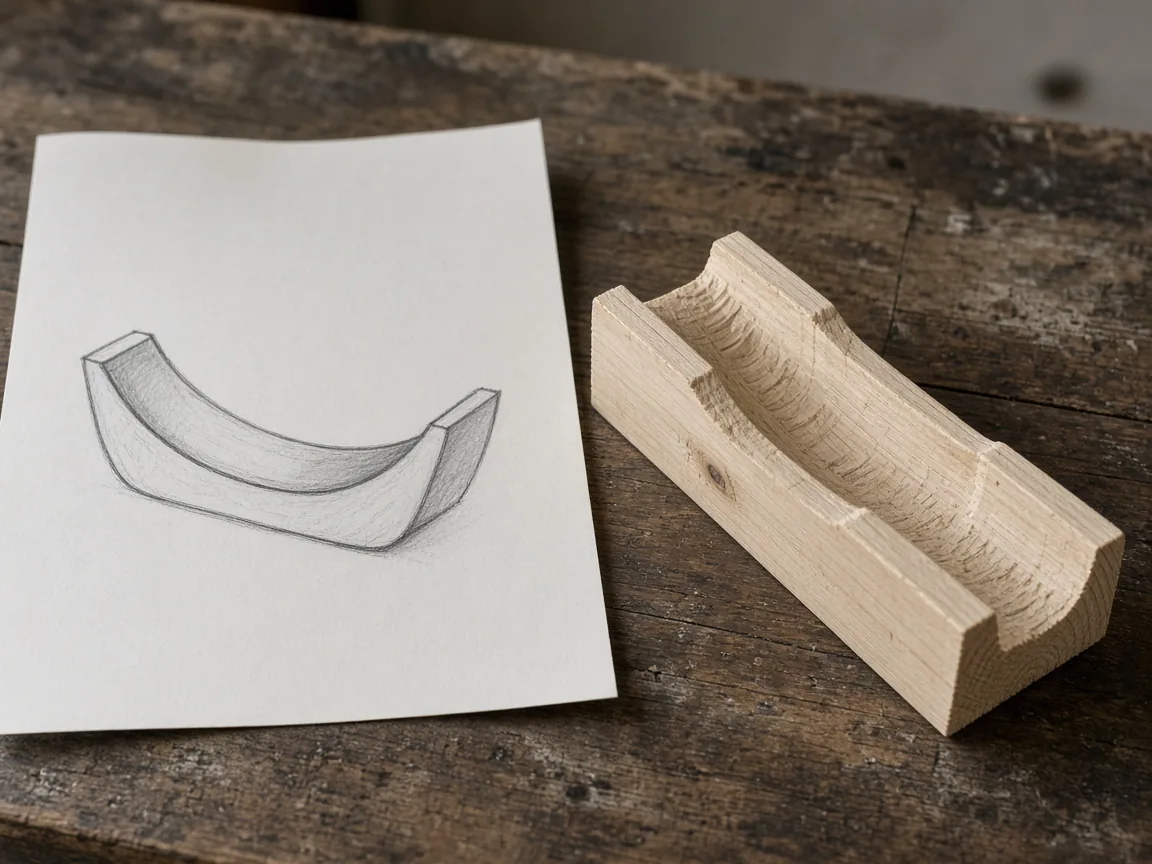 A pencil drawing of a curved trough on white paper, beside a straighter unfinished wooden channel.