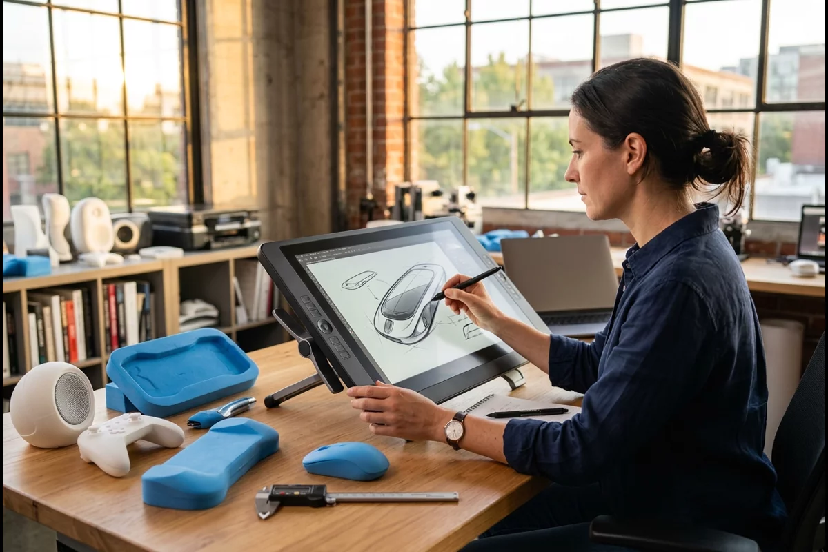 Industrial designer sketching consumer electronics concepts