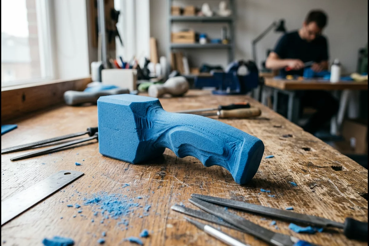 Blue foam ergonomic prototype model with styling clay tools