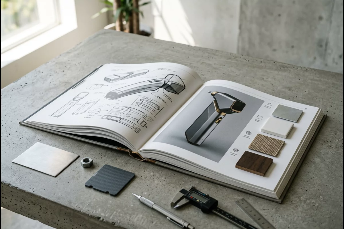 Industrial design portfolio book on a minimalist design desk