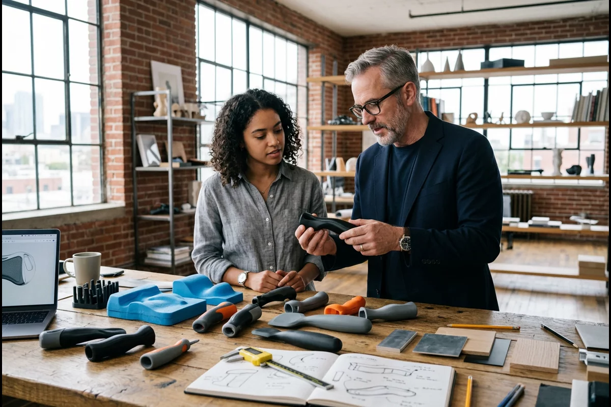 Industrial design team reviewing prototype models on a studio wall