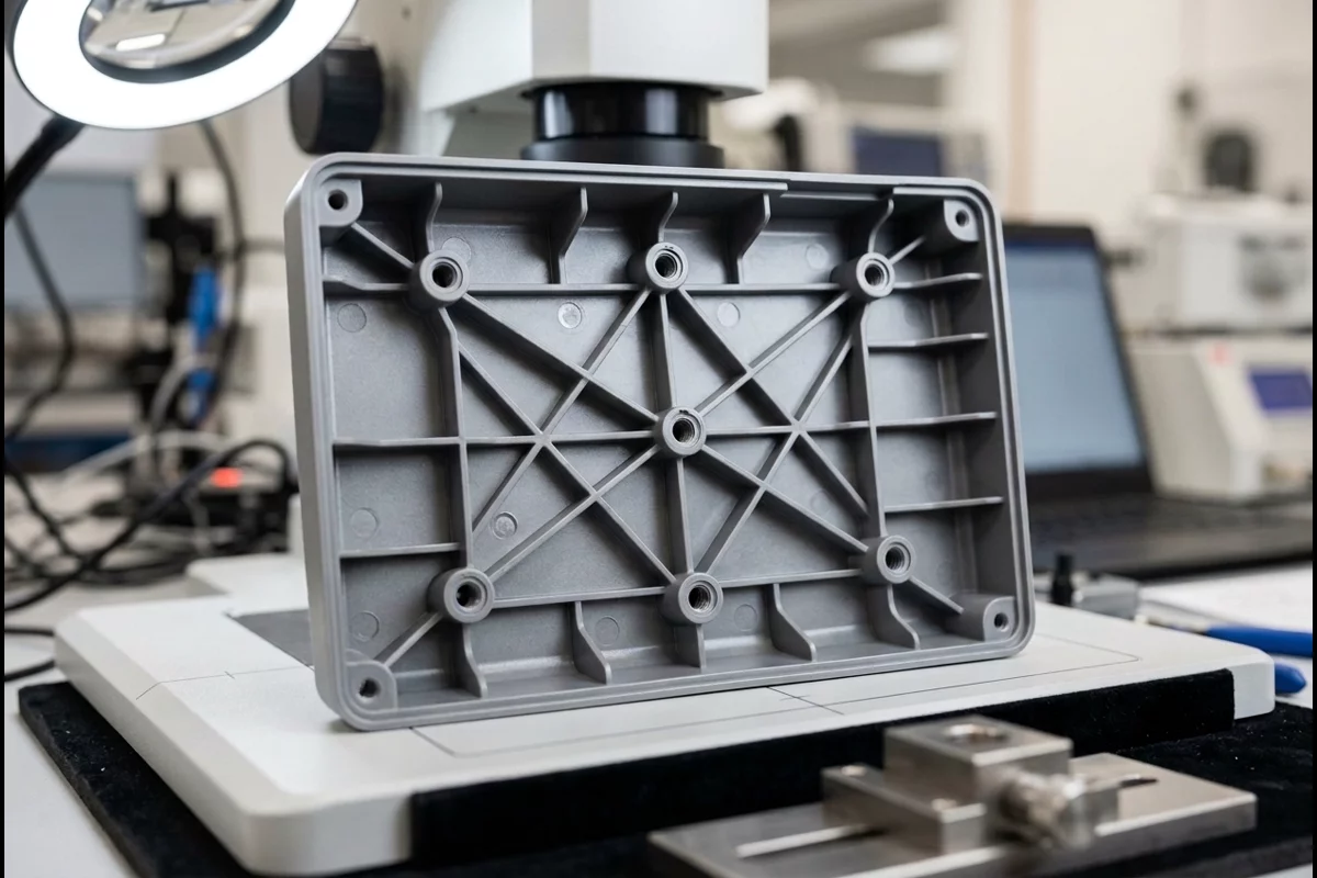 Precision injection molded plastic housing showing uniform wall thickness