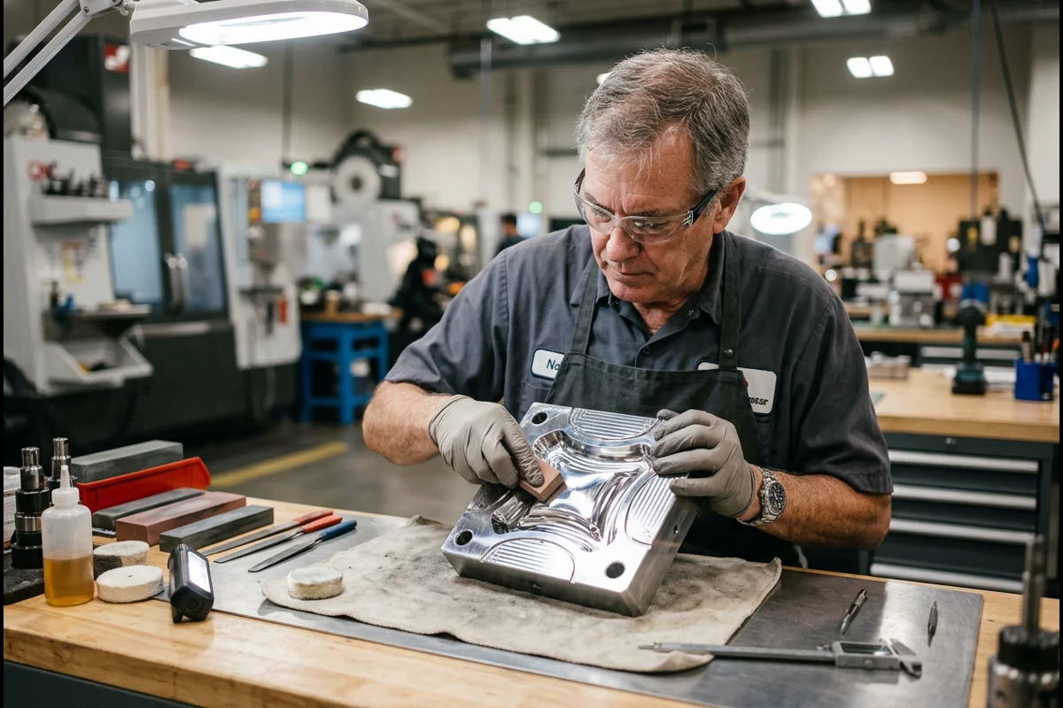 Toolmaker hand-finishing a hardened steel mold cavity insert