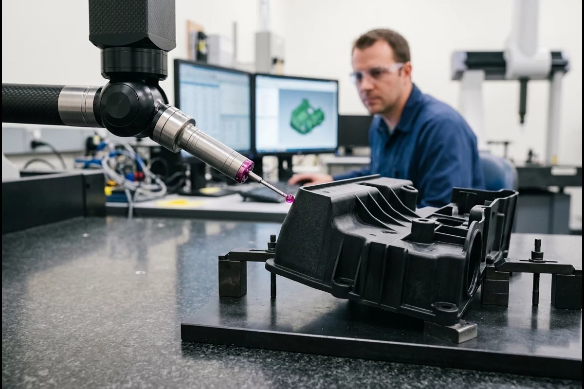Coordinate measuring machine ruby probe inspecting molded part