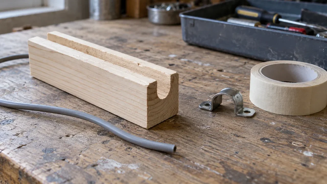 A grooved wooden base block, stamped metal two-hole bracket, grey cable, masking tape, and workshop tool tray on a scarred wooden workbench.