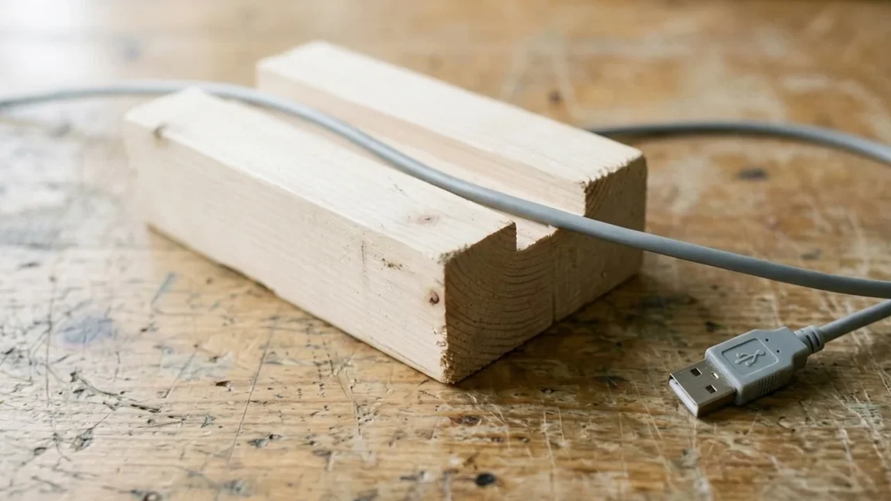 Close-up of a grooved wooden prototype block on a worn workbench with a grey USB charging cable resting in the machined slot.