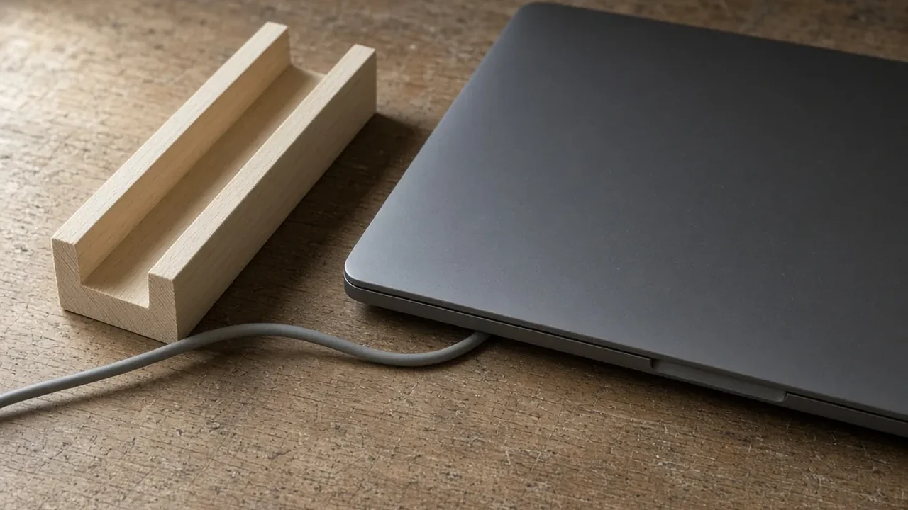 A grooved wooden cable-holder block resting beside a closed dark grey laptop on a desk surface with a grey charging cord routed underneath.