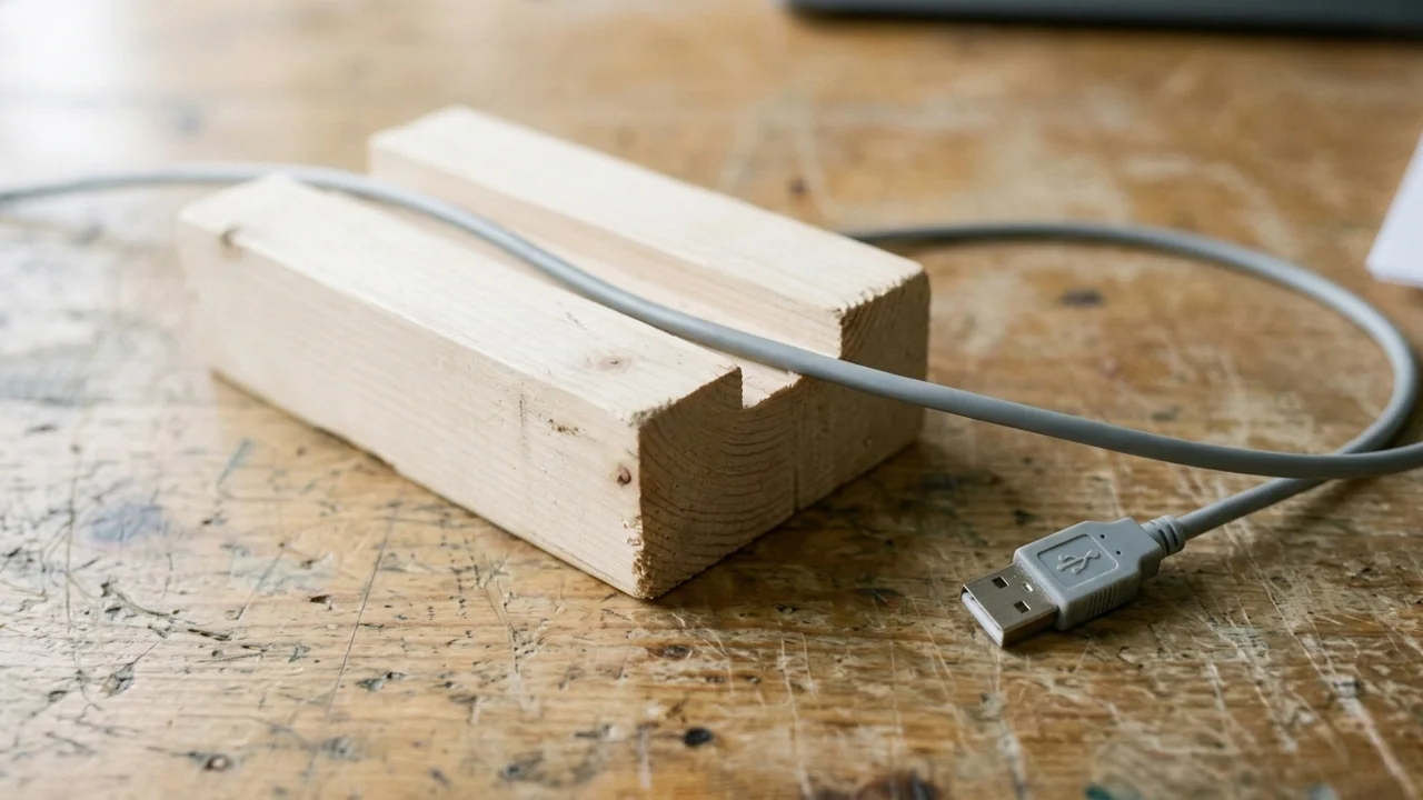 A grey cable crosses the open groove of an unfinished wooden channel on a wooden tabletop.