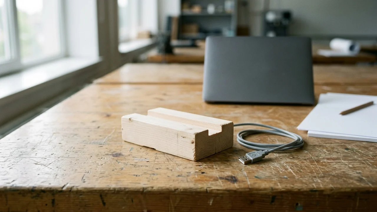 A pale wooden channel, loose grey cable, dark laptop and blank paper on a worn desk.