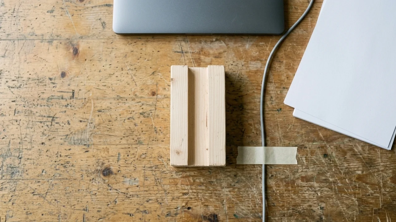 A grey cable is held to a wooden desk with beige tape beside a pale wooden channel and closed laptop.
