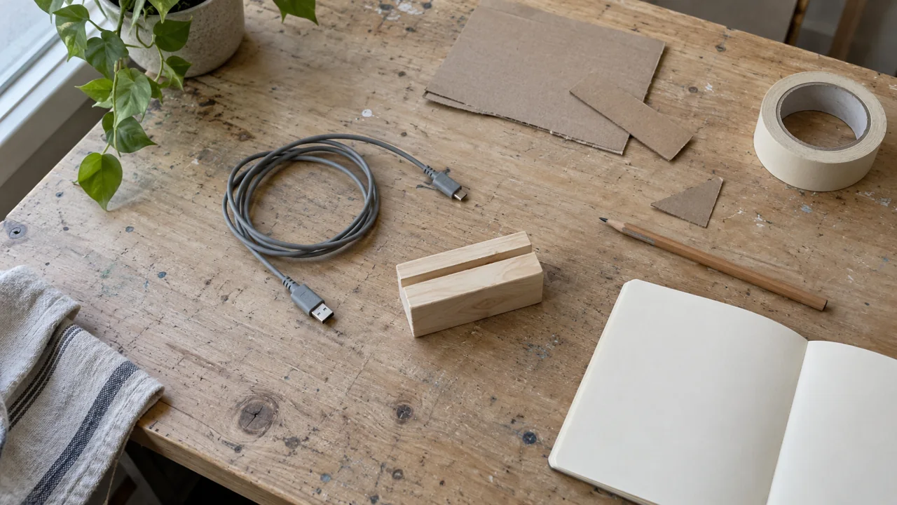 A grooved wooden block, grey cable, cardboard, tape and blank notebook on a worn table.