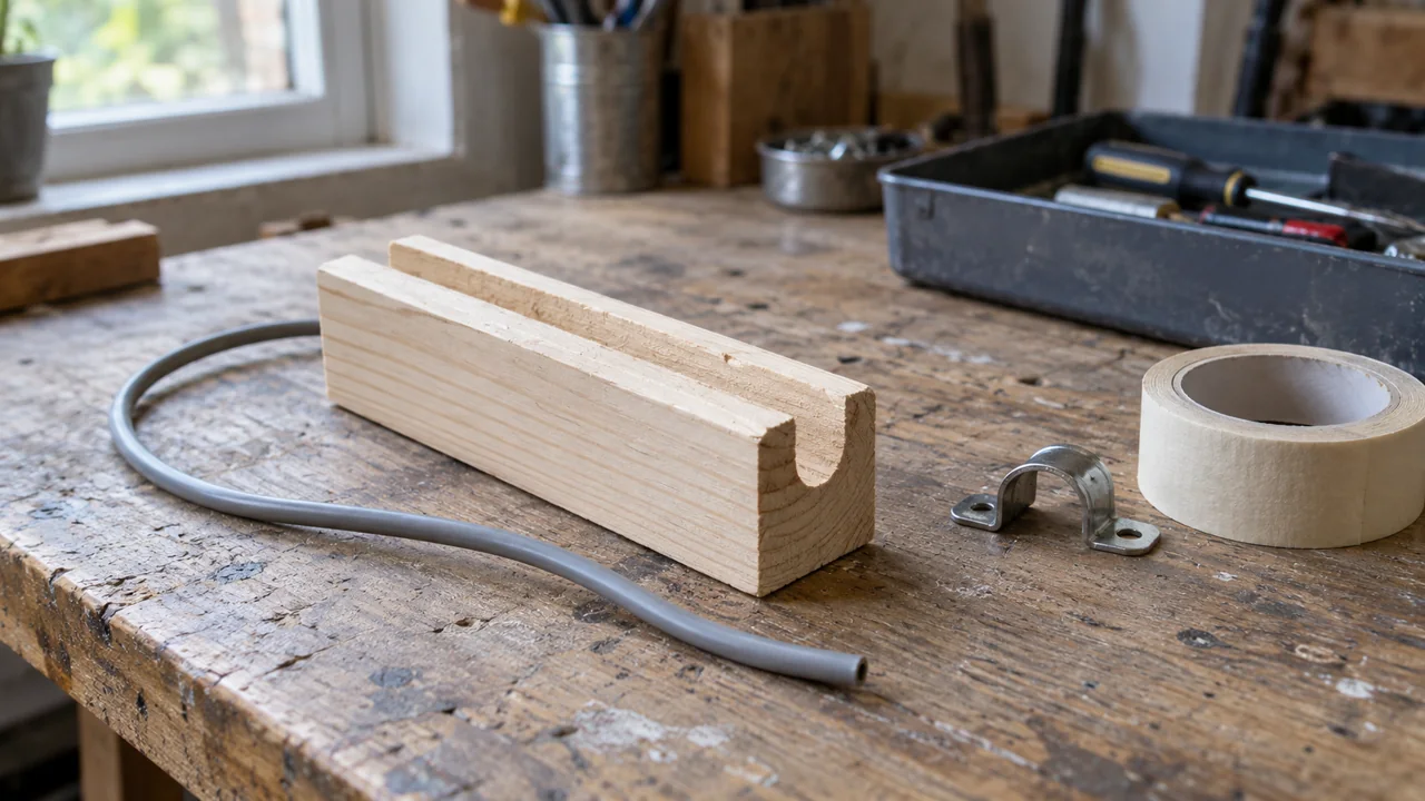 A grooved wooden block, grey cord, small metal fitting and tape on a workshop bench.