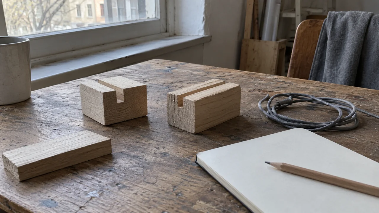 Two grooved wooden blocks, a spare wood offcut, coiled grey cord and blank notebook beside a window.