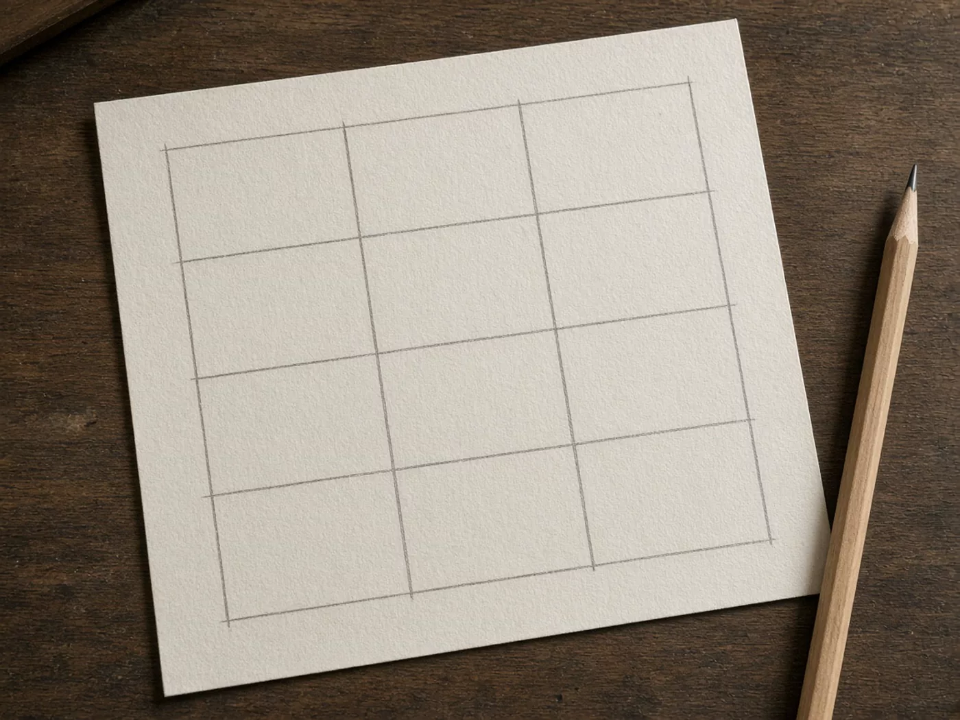 A pencil beside a sheet of empty hand-ruled boxes