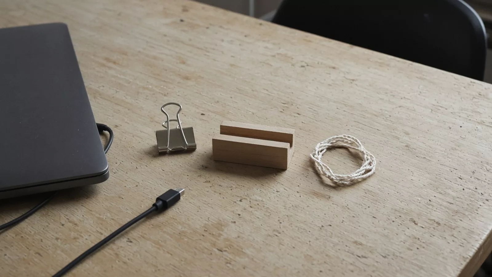 A binder clip, a short wooden channel, and a cotton cord loop beside a closed laptop and a charging cable.