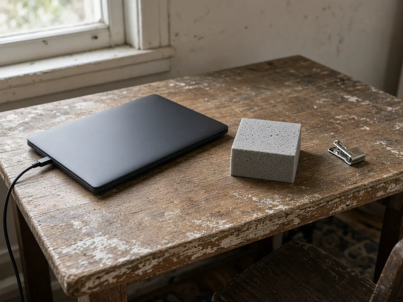 A closed laptop, a grey foam block, and a small metal clip on a worn wooden desk