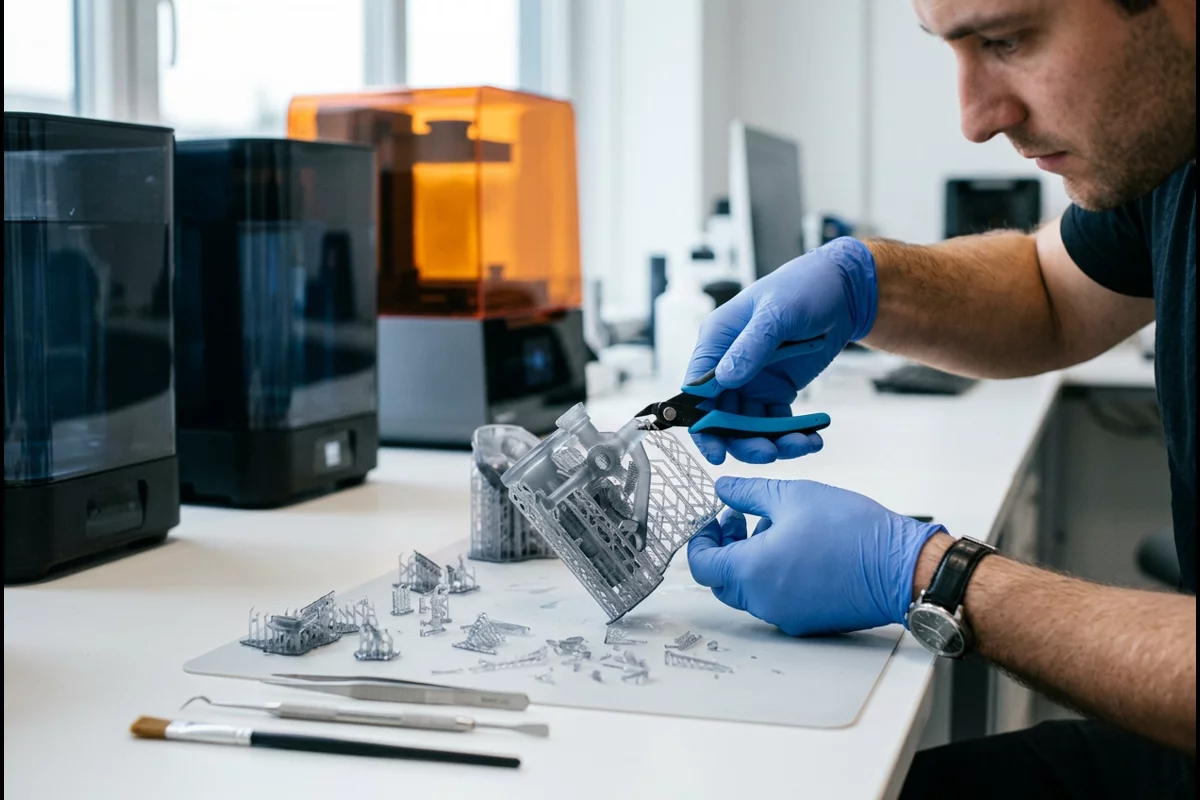 Engineer hand-finishing 3D printed mechanical assembly in workshop