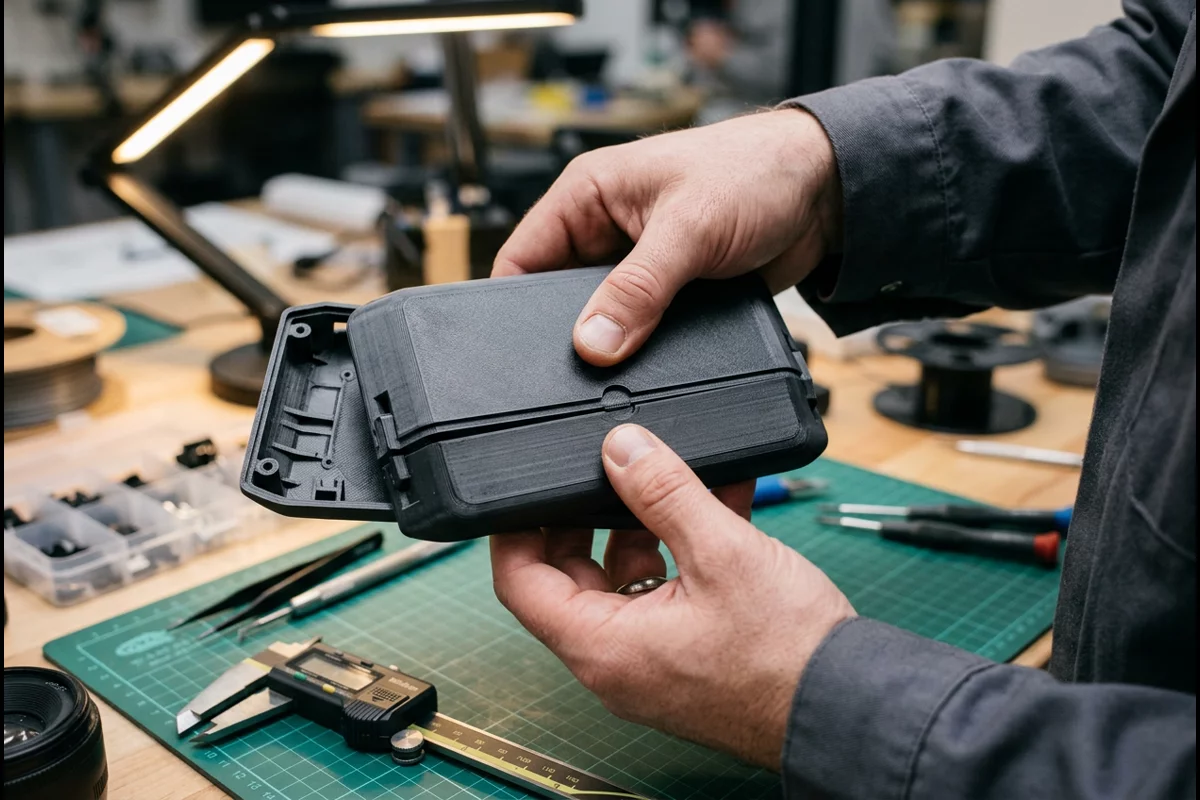 Mechanical engineer testing snap-fit cantilever joint on 3D prototype