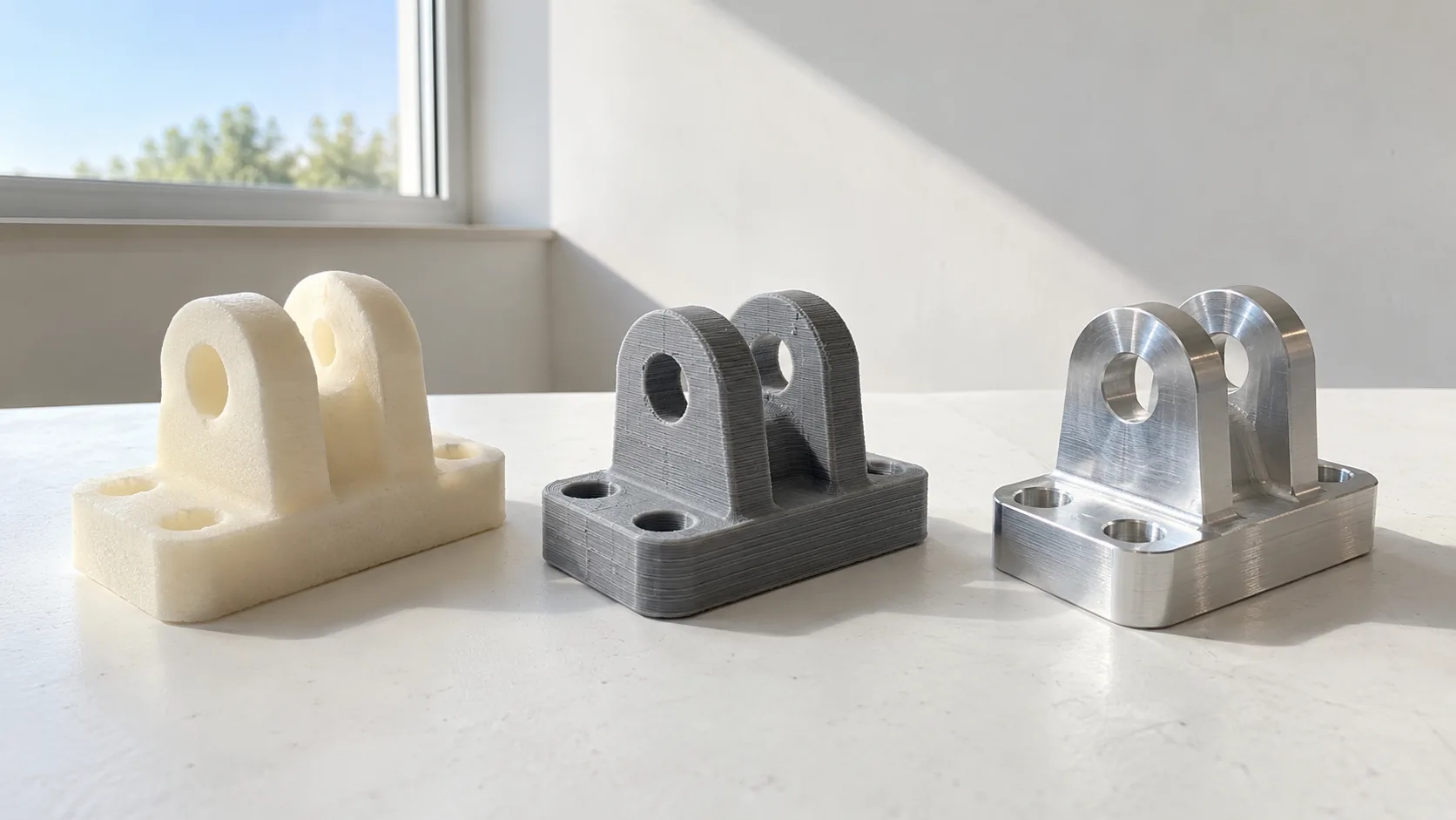 Concept sketch, plastic prototype, and machined parts on a bench