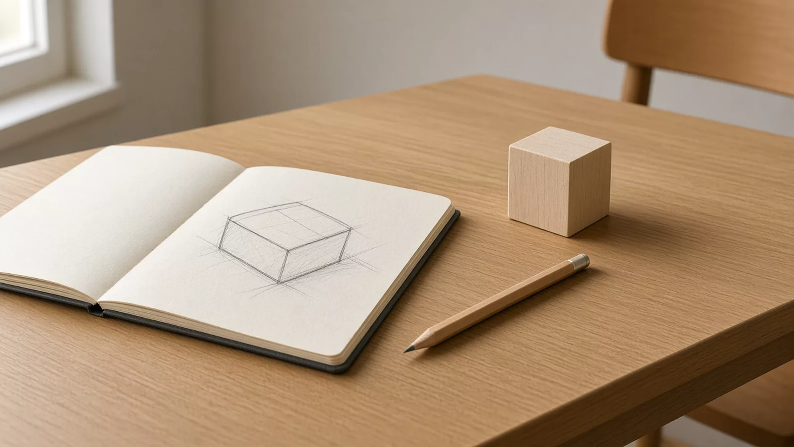 Illustration of a hypothetical study desk with a sketch and a small wooden block. The block is a prop, not a named student's project.