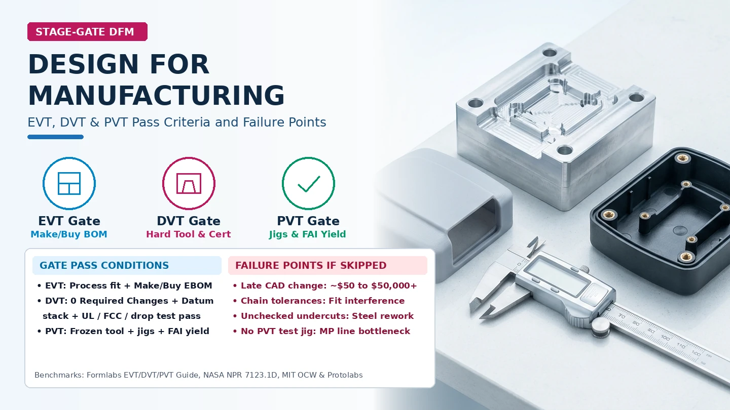 Stage-gate Design for Manufacturing (DFM) banner mapping EVT, DVT, and PVT pass criteria and failure points beside prototype and molded hardware enclosures.