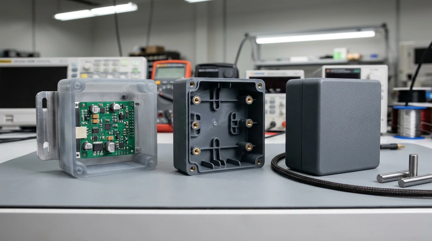 Three physical validation prototypes of a compact industrial sensor enclosure arranged left to right on an ESD workbench mat: an SLA 3D-printed and CNC-machined EVT beta unit with an exposed green PCB, an opened DVT first-shot injection-molded shell with internal ribs and brass heat-stake inserts, and a closed matte-textured PVT pre-production unit beside pin gauges.