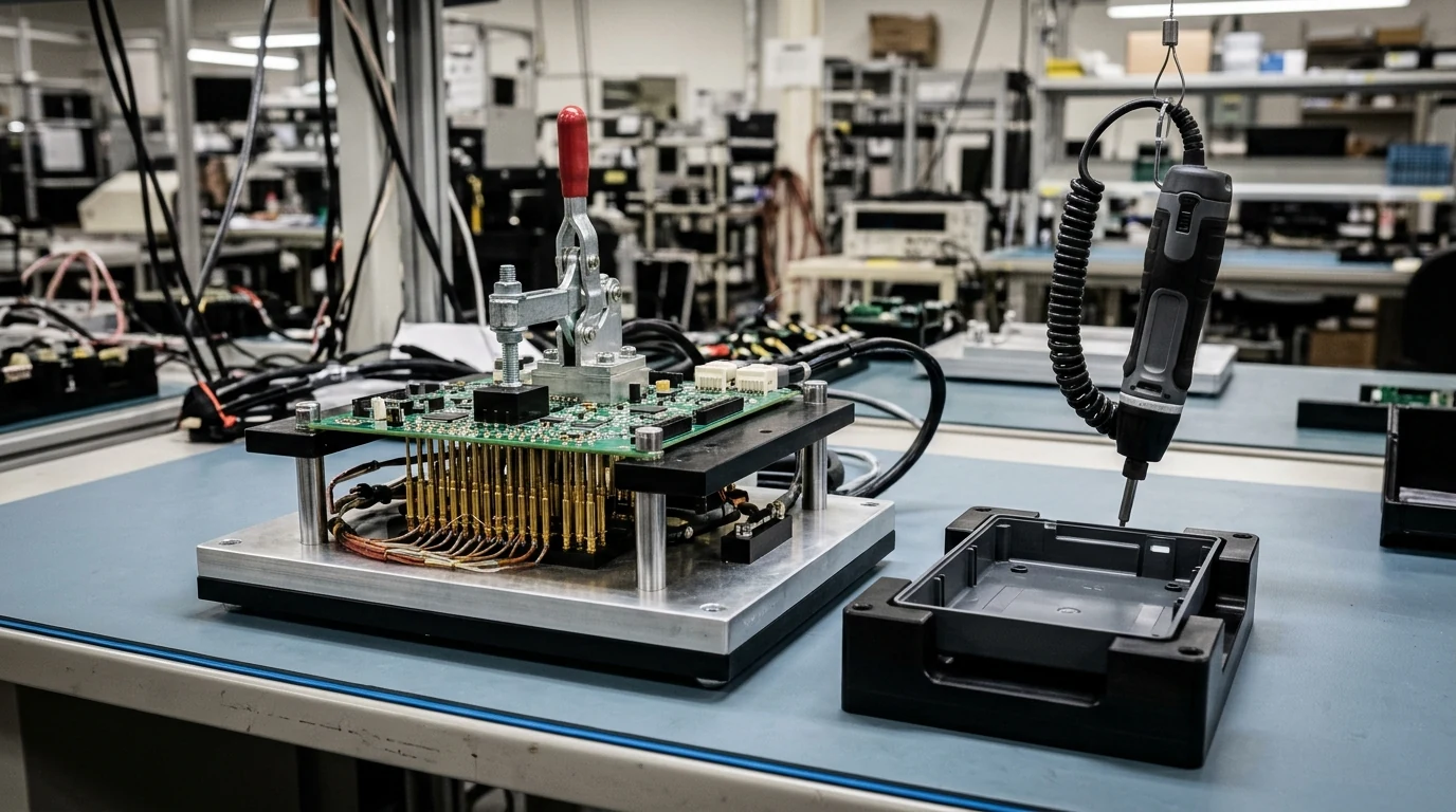 Electronics contract-manufacturing workstation showing an anodized aluminum and black acetal toggle-clamp PCB functional test fixture with gold pogo pins holding a green circuit board beside a custom enclosure assembly nest and torque driver.