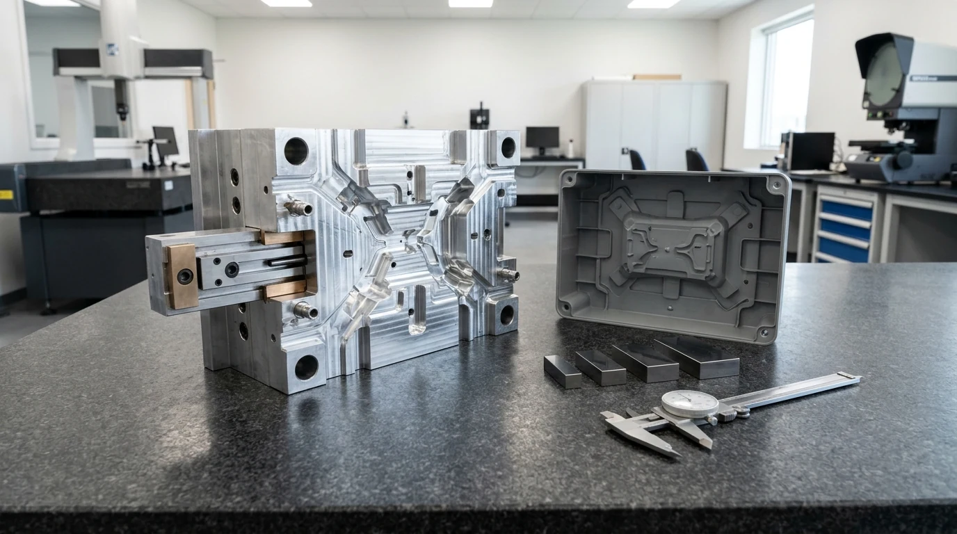 CNC-machined aluminum injection-mold cavity block on a dark granite inspection plate beside a molded grey thermoplastic housing, precision steel gauge blocks, and a stainless vernier caliper.